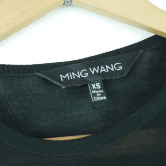 Ming Wang XS Top Black Knit Long Sleeve Sheer Stripe Modern Career Minimal Zip - Picture 2 of 9